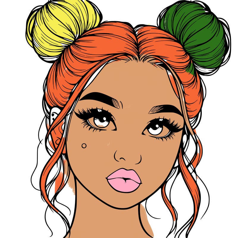 realistic girl with two buns on her hair and lips