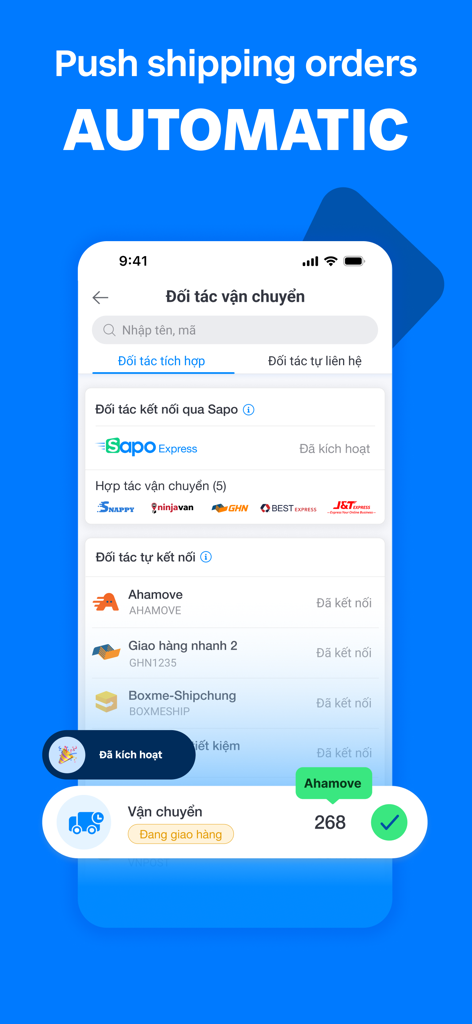 Sapo - Sales Management - Interface of the Sapo app for automatic shipping order pushes with various delivery carrier integrations.