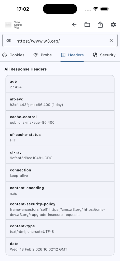 View Source Vibe - Captura de pantalla de la aplicación View Source Vibe que muestra las cabeceras de respuesta HTTP para el sitio web w3.org.