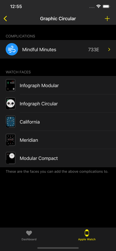 HealthFace - iPhone app screen showing a list of compatible Apple Watch faces for health complications including Infograph Modular and California faces