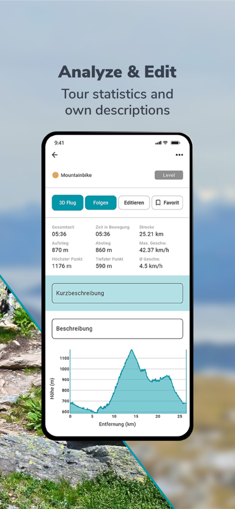 RealityMaps 3D app interface showing mountain bike tour statistics and elevation profile graph.
