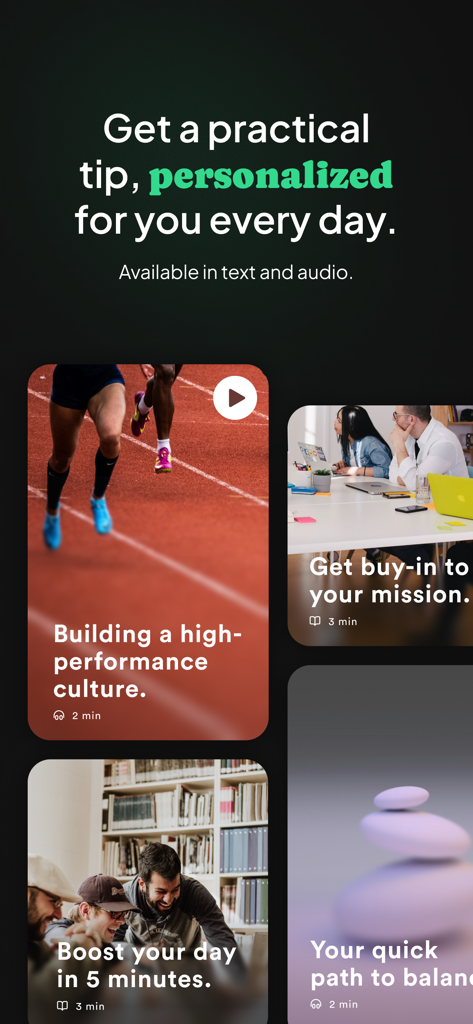 Bunch - Daily Leadership Coach - Bunch app showing personalized leadership tips and micro-learning modules in text and audio formats
