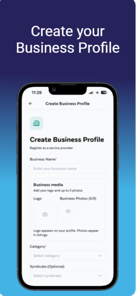 Qarib : Connect & Grow - Form for local businesses to register a profile in the Qarib app.
