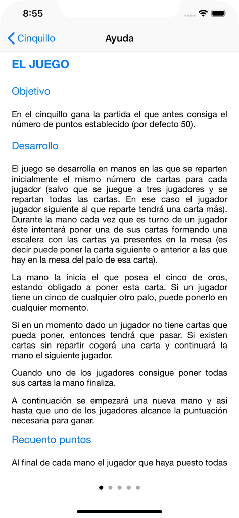 iCinquillo - Mobile help screen showing the objectives and rules of the iCinquillo card game in Spanish.