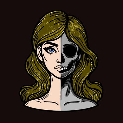 bust of a woman, half face and hair, half skull