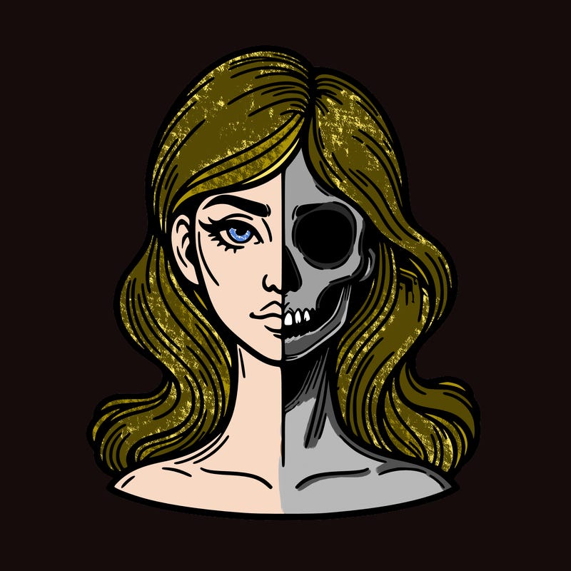 bust of a woman, half face and hair, half skull