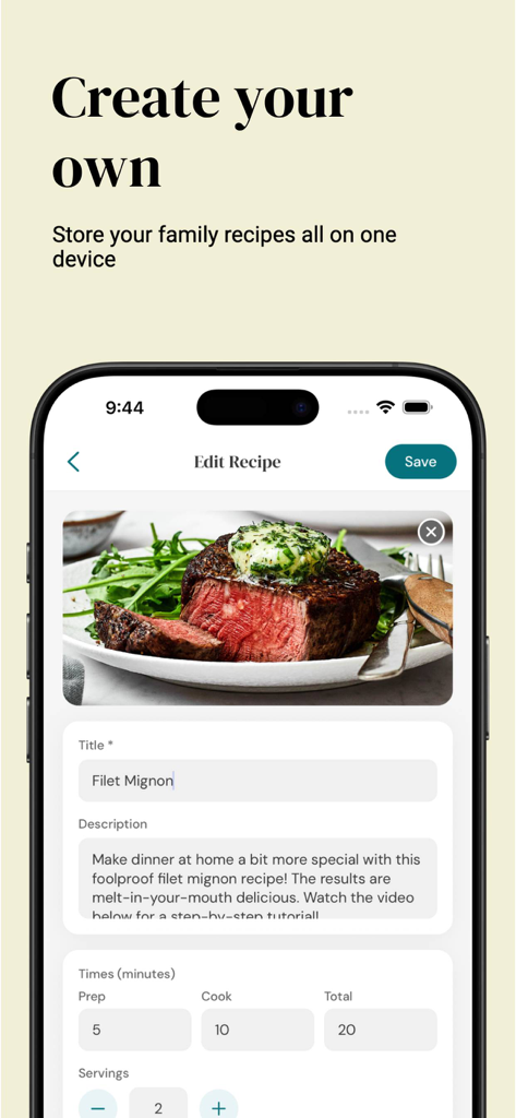 Six Sisters: Meal Planner - Mobile screen showing the create your own recipe feature in the Six Sisters Meal Planner app.