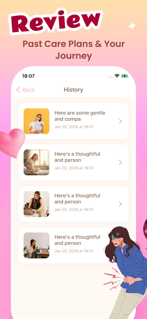 Pilla - Share, Explore - Screenshot of the Pilla app history screen displaying a timeline of past personalized care plans and wellness tips.