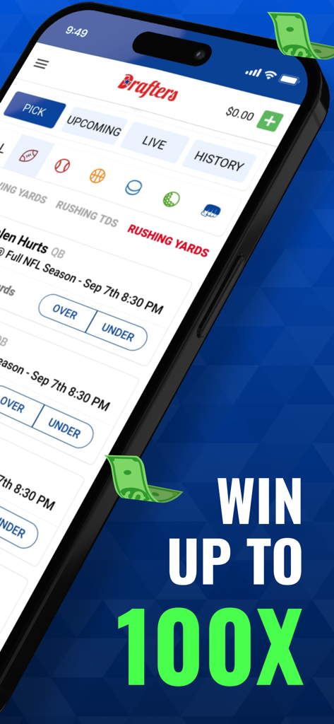Drafters Fantasy Sports - Drafters Fantasy Sports mobile app interface showing NFL player props and a promotional 100x payout message