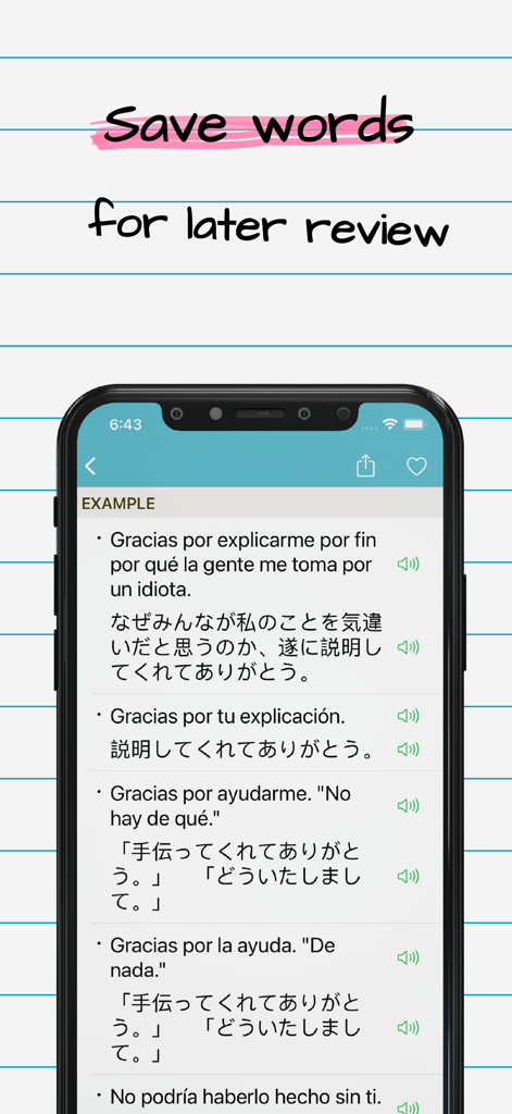 Japanese Spanish Dictionary + - Captura de pantalla de la interfaz de la aplicación Diccionario Japonés Español mostrando ejemplos de traducción de frases y la función para guardar palabras para su revisión posterior.