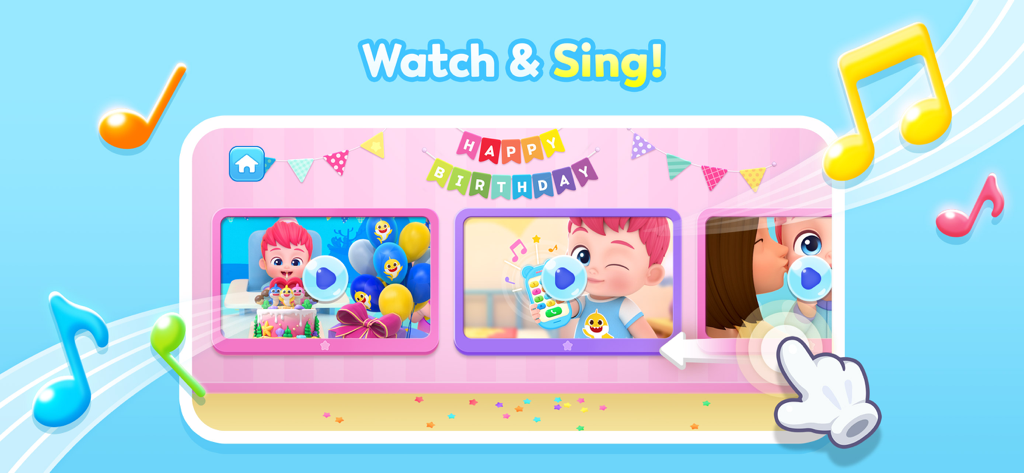 Pantalla del juego Bebefinn Fiesta de Cumpleaños con miniaturas de videos de canciones infantiles