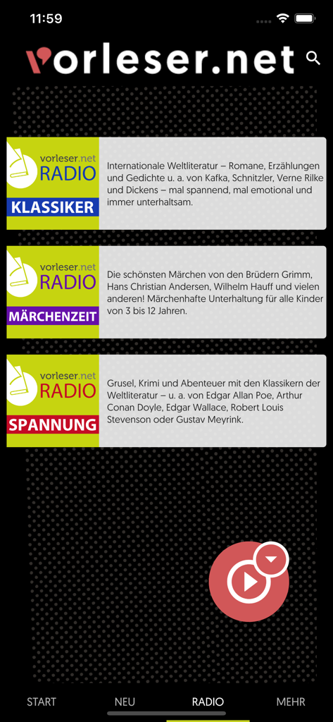 vorleser.net - Radio interface of the vorleser.net app showing literature categories for classics fairy tales and thrillers.