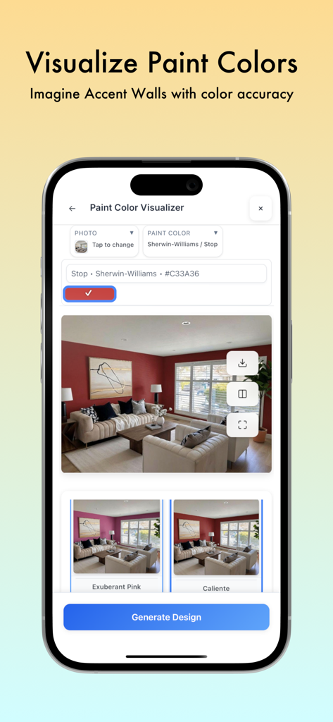Decor8 AI - AI Interior Design - Decor8 AI App-Oberfläche, die Wandfarben in einem Wohnzimmer visualisiert