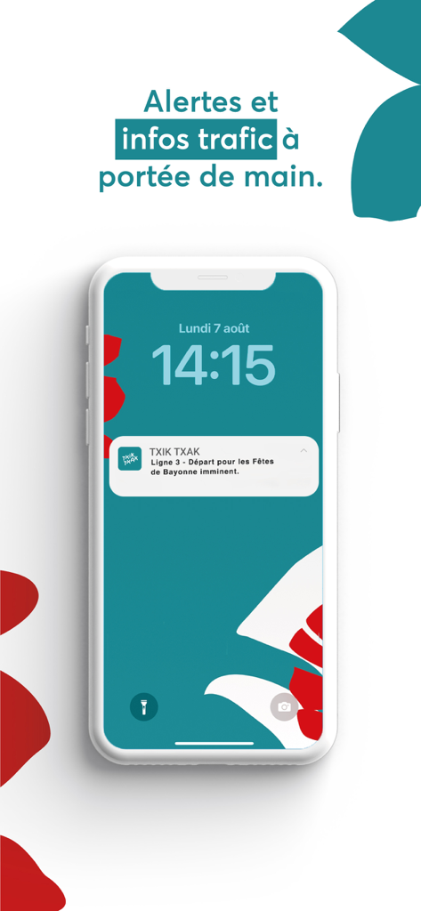 TXIK TXAK - Un écran de verrouillage de smartphone montrant une notification d'alerte de trafic en temps réel de l'application TXIK TXAK pour le festival de Bayonne.