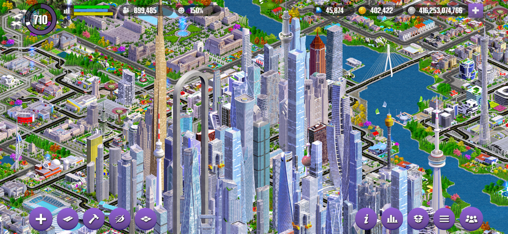 High angle view of a bustling metropolis with skyscrapers and bridges in the Designer City building simulation game