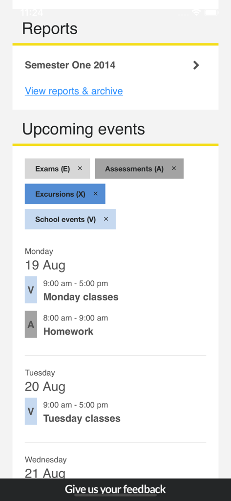 QParents - QParents App Dashboard mit Schulberichten und bevorstehenden Veranstaltungen