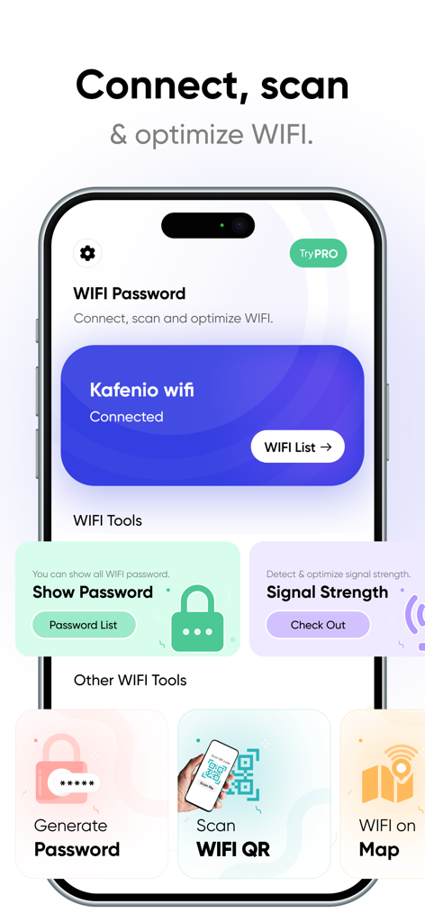 Wifi Password + Wifi Finder - Dashboard of the Wifi Password and Finder app showing features like signal strength, show password, and wifi map.
