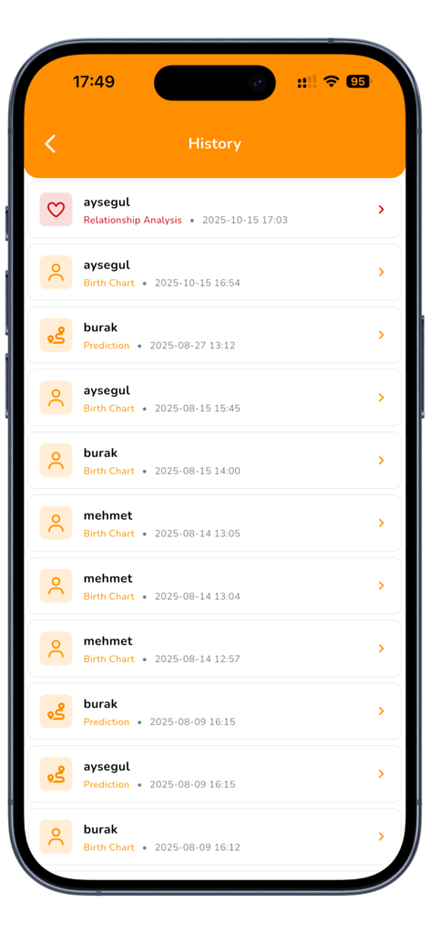 Astromatik - 過去の出生図と人間関係分析の記録リストを表示するAstromatikアプリの履歴画面。