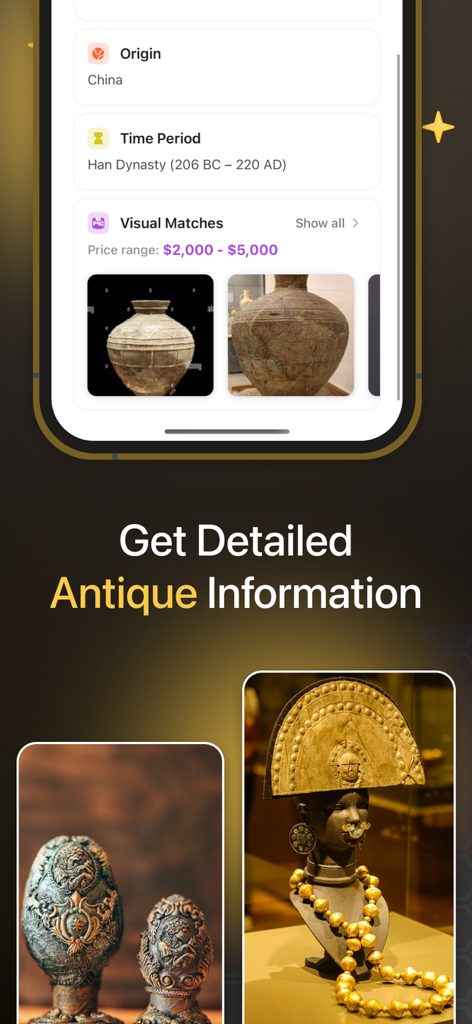 The Antique Identifier AI app interface showing detailed historical information and market value for an ancient vase.