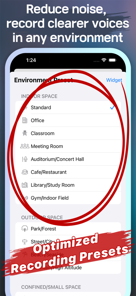 EZRecorder: One-Tap Recording - Interfaz de la aplicación EZRecorder que muestra varios ajustes preestablecidos de entorno para una grabación de voz más clara.