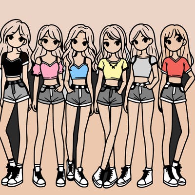 a group of girls wearing crop tops and shorts