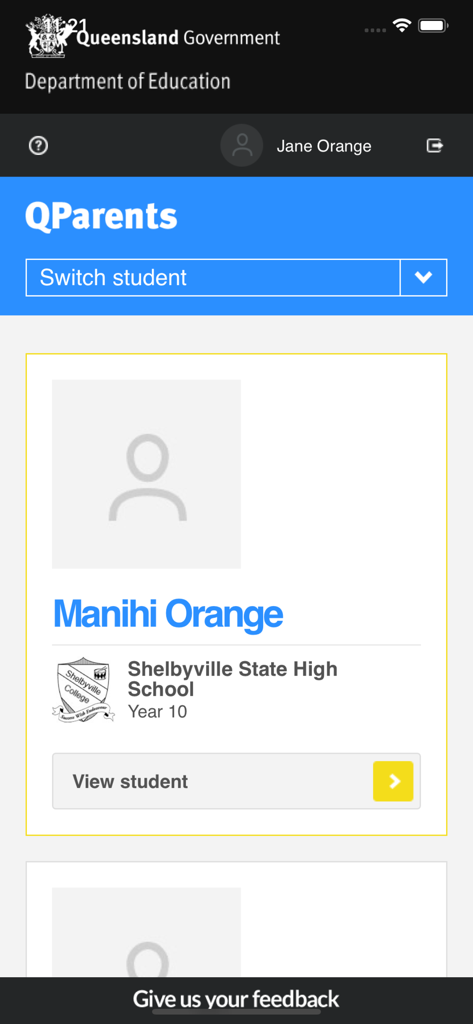 Dashboard view of the QParents app showing a student profile and school details