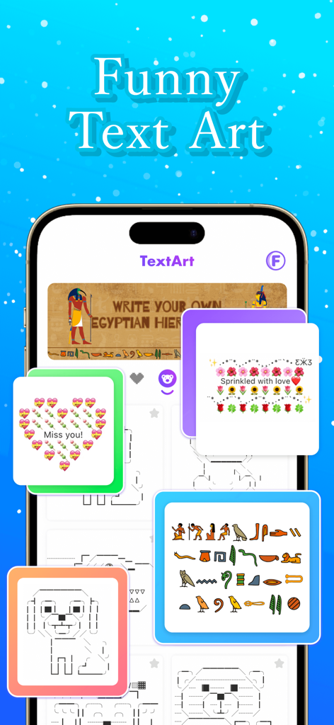 A collection of creative text art and emoji patterns including ASCII animals and Egyptian hieroglyphics in the ViVi Keyboard app.