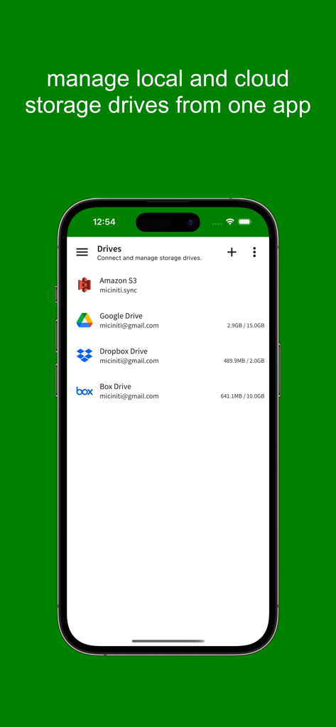 Interfaz de la aplicación Sync que muestra una lista de unidades de almacenamiento conectadas, incluyendo Amazon S3, Google Drive y Dropbox.