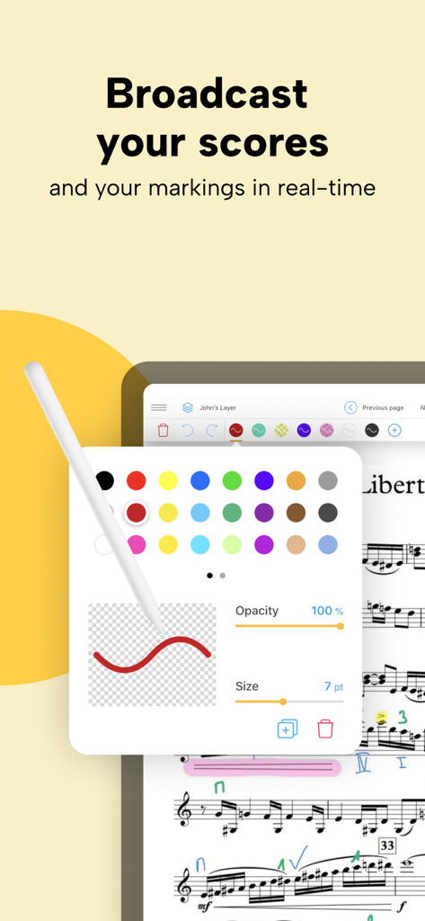 Newzik: Sheet Music Reader - A tablet screen displaying sheet music with an annotation tool menu for real-time score broadcasting.