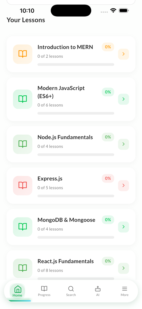 Interfaz de la aplicación móvil que muestra una lista de módulos de codificación para MERN stack, incluyendo React y Node.
