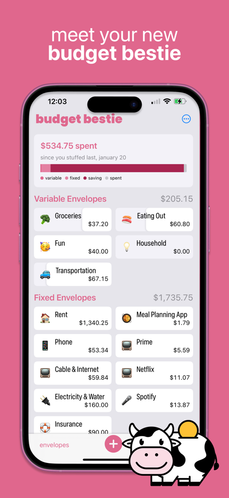 Budget Bestie 앱 대시보드에 식료품 및 임대료와 같은 변동 및 고정 지출을 위한 디지털 봉투가 표시됨