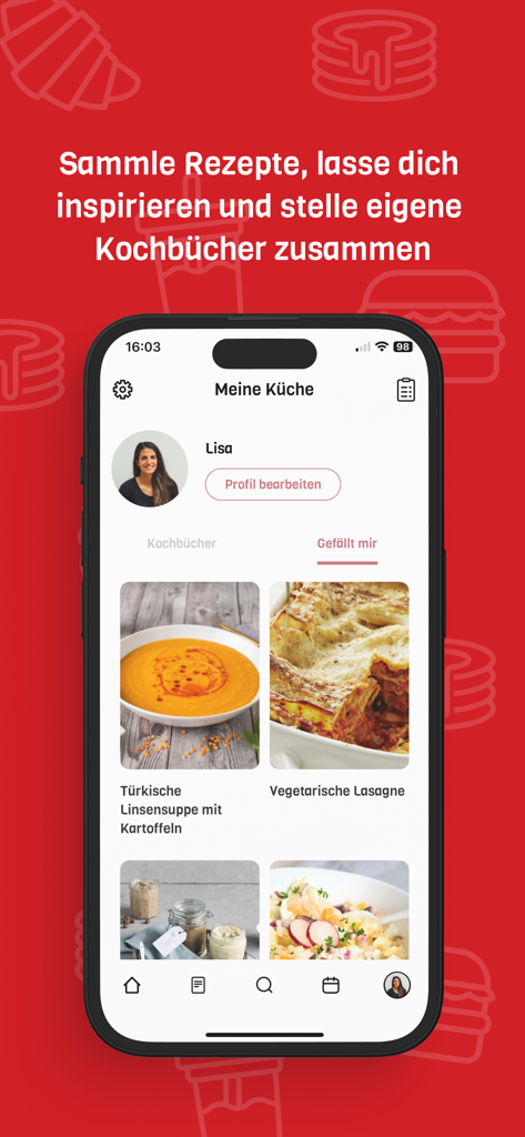 ZauberTopf Rezepte - Pantalla móvil de la aplicación ZauberTopf que muestra el perfil de un usuario con recetas guardadas y favoritas.