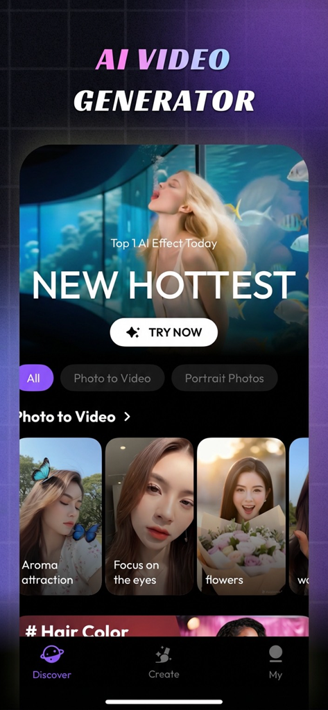 AI Reel - AI Video Maker - AI Reel app discover screen showing trending AI video effects and photo to video animation templates.
