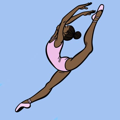 gymnast doing a leap in a leotard with a bent back leg
