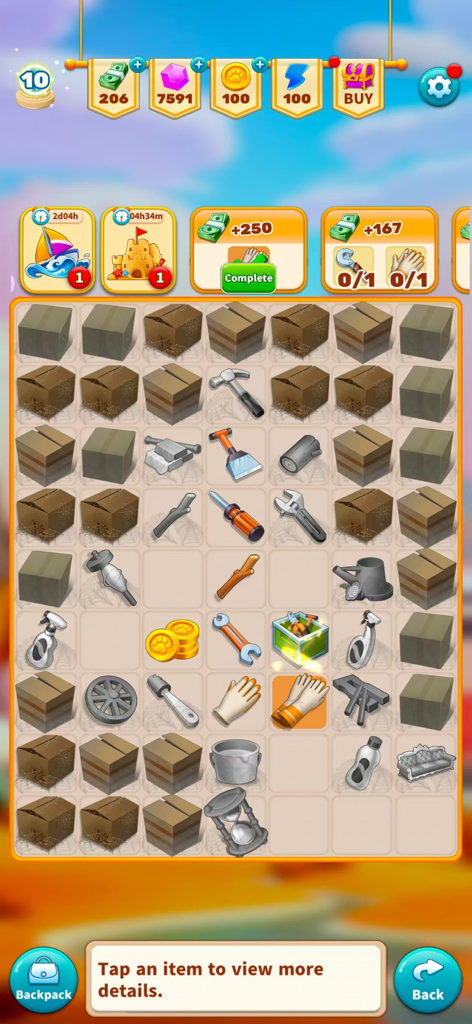 Merge Designer - Decor & Story - Gameplay screenshot of Merge Designer showing a grid of renovation tools and boxes for merging