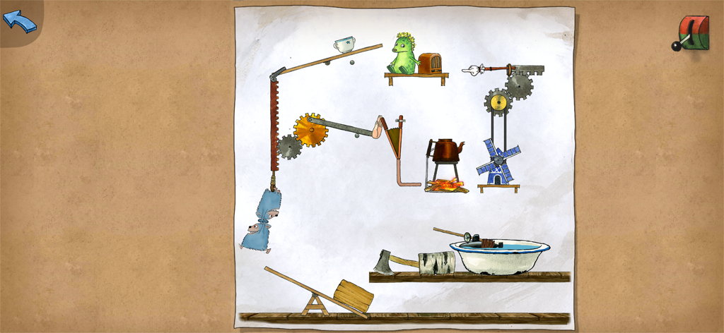 Un puzzle d'atelier fantaisiste avec une machine de Rube Goldberg dessinée à la main pour les enfants.