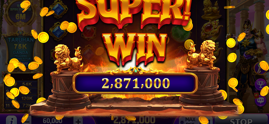 A vibrant screen from Joker King Slots Online showing a Super Win celebration with falling gold coins and a jackpot amount of over two million.