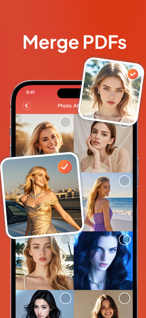 Interface do aplicativo ChatPDF Ai mostrando o recurso Mesclar PDFs com uma seleção de fotos de uma galeria.