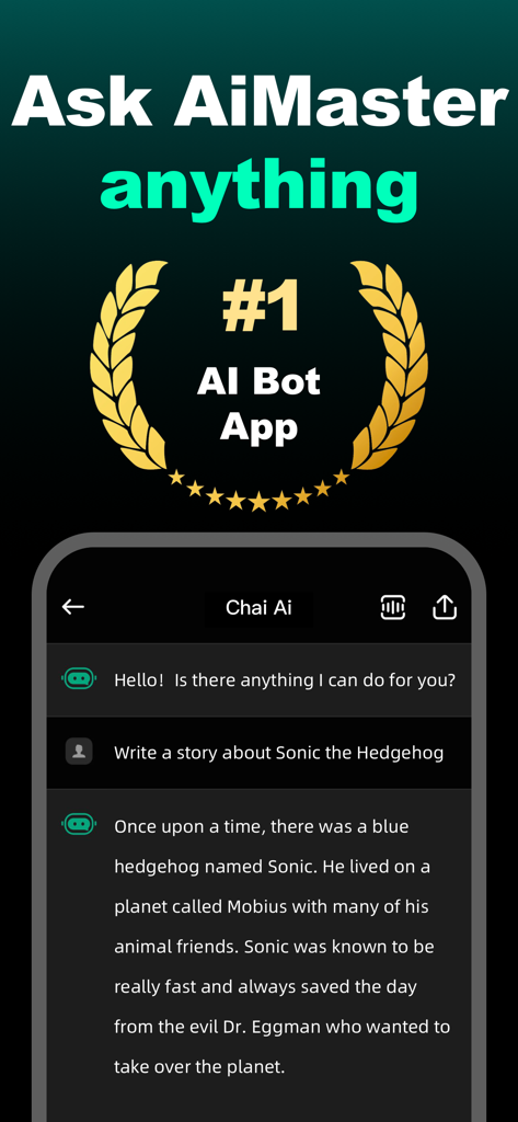 AiMaster -Ask Ai Anything - Screenshot of the AiMaster app showing a chat bot generating a creative story about Sonic the Hedgehog.