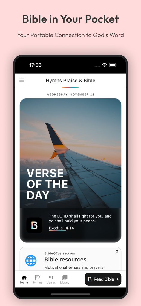 Hymns Of Praise: Jesus Church - Verse of the Day screen in the Hymns Of Praise Jesus Church app displaying Exodus 14:14