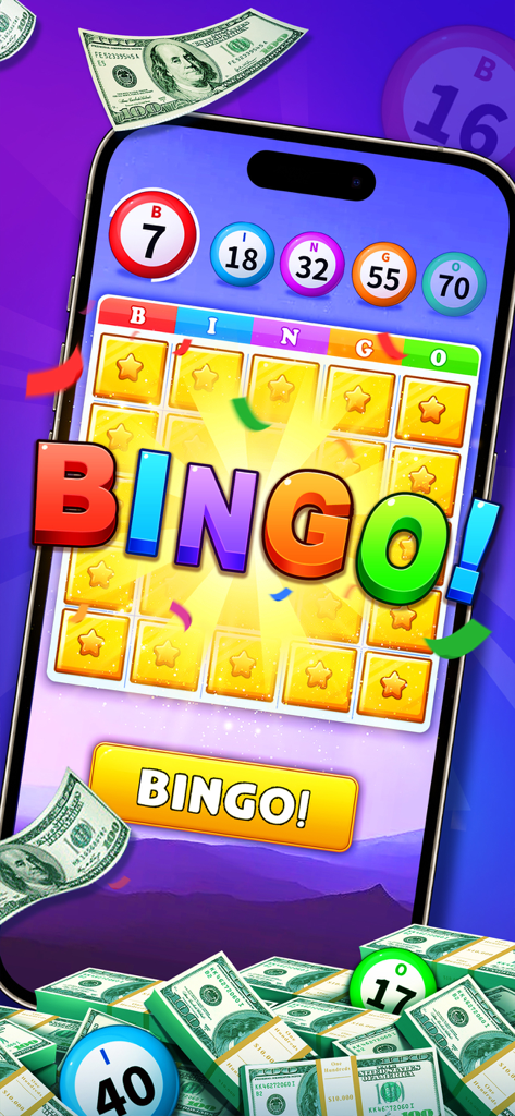 A mobile phone screen showing a winning bingo board with stacks of dollar bills and confetti.