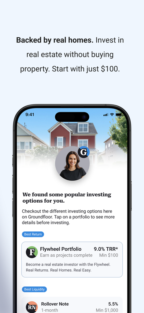 Groundfloor: Invest In Homes - Groundfloor mobile app displaying various real estate investment options like Flywheel Portfolio and Rollover Notes