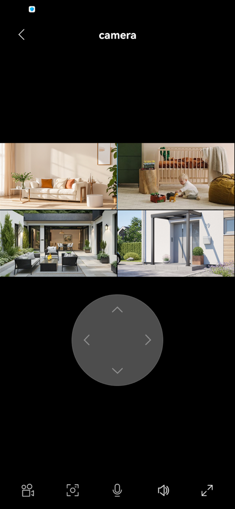 CZEview - Interface de l'application CZEview affichant quatre flux de caméras de sécurité en écran partagé avec des commandes directionnelles pour la surveillance domestique