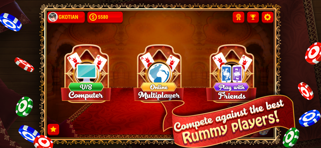 Main menu of the Indian Rummy mobile app featuring three game modes Versus Computer Online Multiplayer and Play with Friends