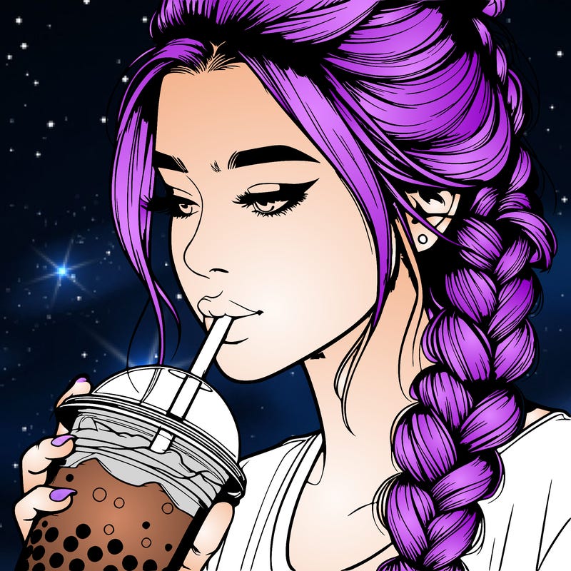 realistic girl drinking boba tea with braided hair