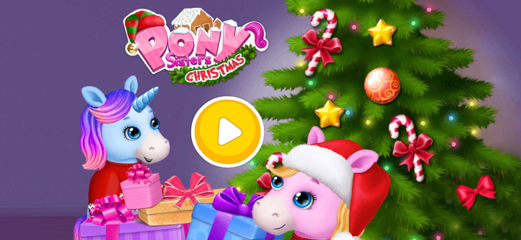 Pony Sisters Christmas - Blue and pink ponies with Christmas gifts and a decorated tree