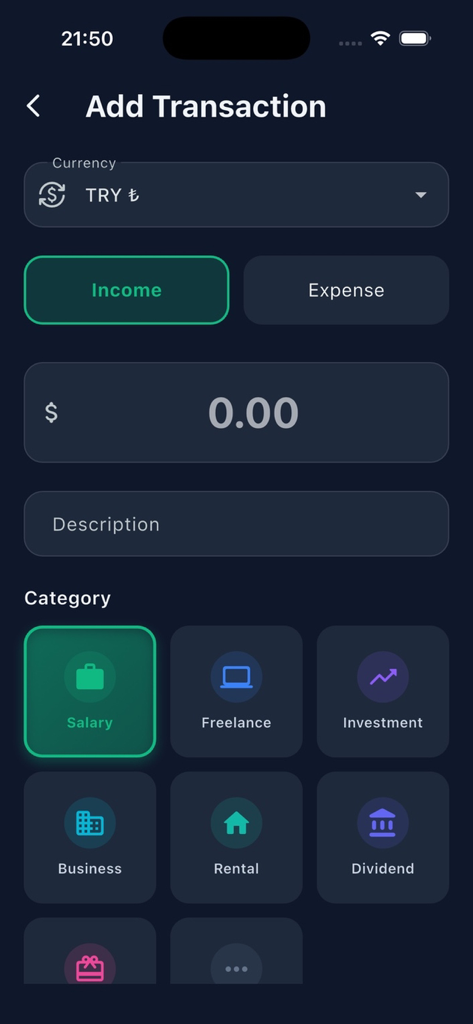 vaultify -safe - Mobile interface of Vaultify app showing the screen to add a new income transaction with categories like salary and freelance.