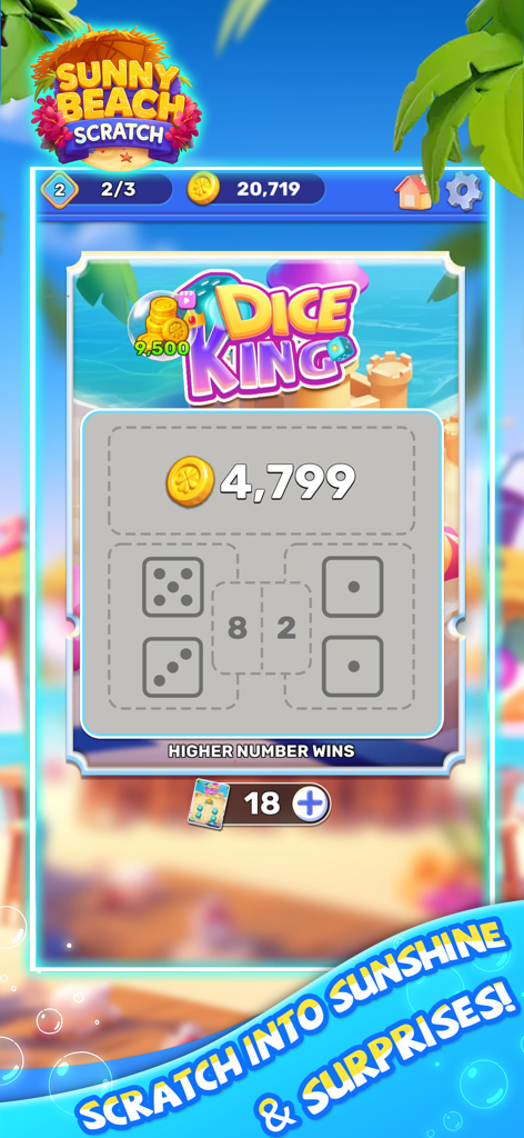 Sunny Beach Scratch - Eine Rubbelkarte im Dice King-Thema innerhalb der Sunny Beach Scratch Mobile App-Oberfläche