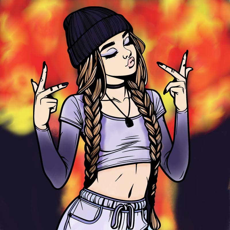 realistic teenage girl with braids and a beanie and crop top doing 🫶🏼