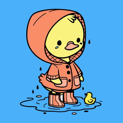 baby duck in a rain coat and boots, in a puddle while it’s raining